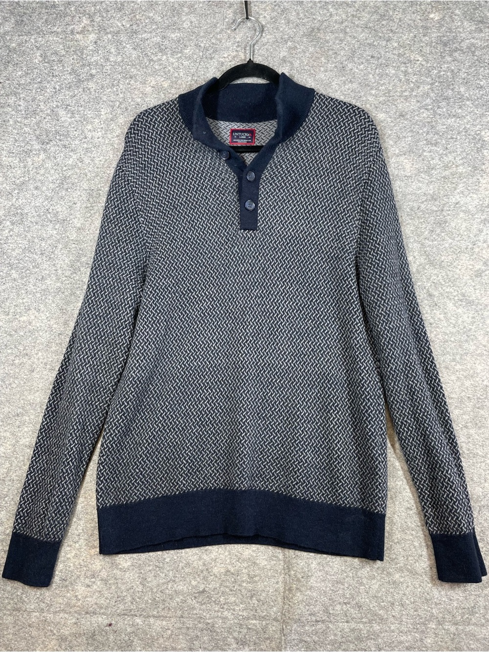 Untuckit Fine Merino Wool Sweater Navy Large Herringbone Henley Quiet Luxury
